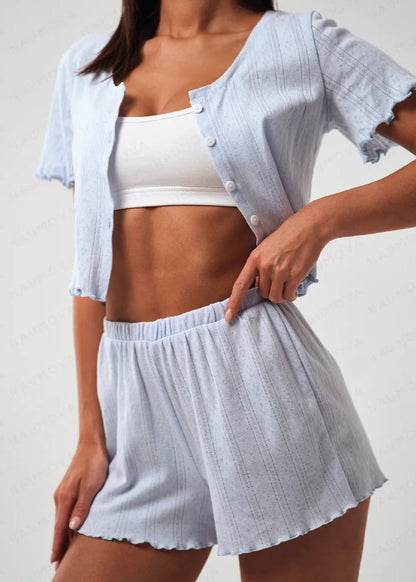 Ruffle Hem Short Sleeve Lounge Set – Light Blue