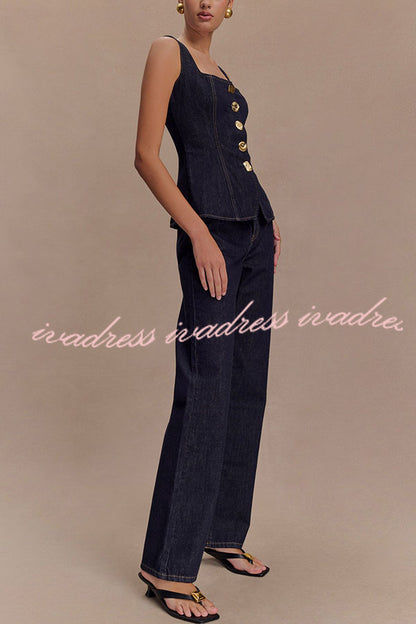 Stassi Denim Square Neck Unique Button Up Princess Seams Vest Top