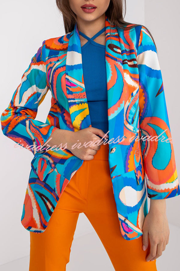 Multicolor Graphic Print Lapel Long Sleeve Blazer