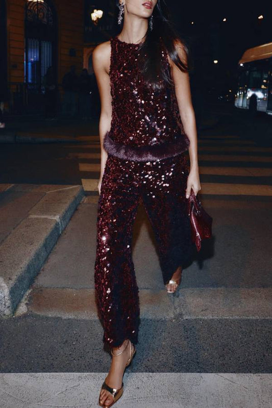 Gala Goddess Sequin High Rise Zipper Waist Wide Leg Pants