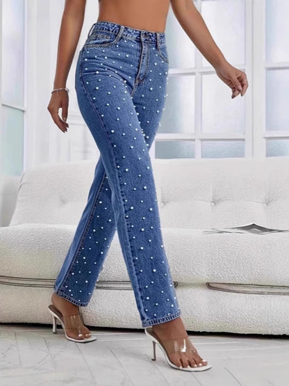 Casual Blue Beaded Embellished High Waist Washed Denim Straight Jeans