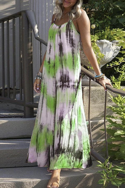 Vestido informal de vacaciones con cuello en V, estampado tie-dye y patchwork (7 colores)