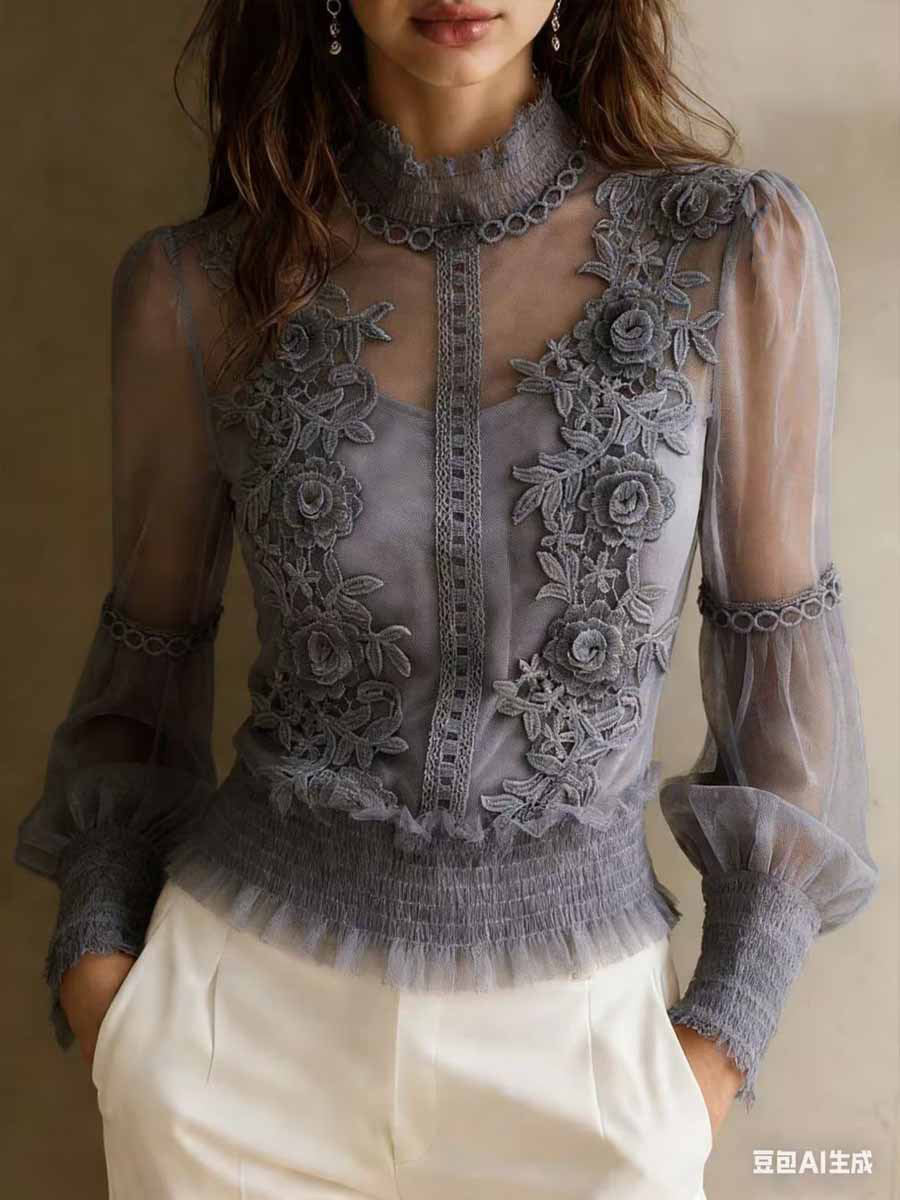 Semi Formal Tulle Pink Stand-Up Collar Long Sleeve 3D Elegant See Through Lace Blouses