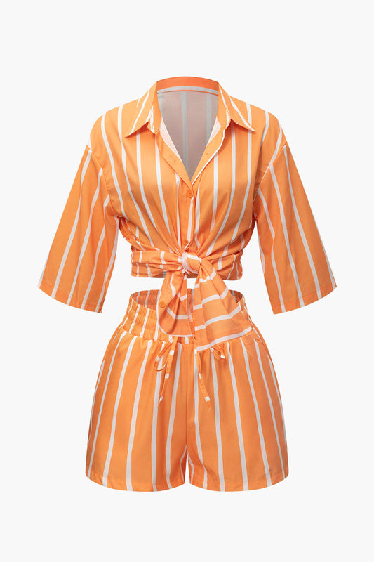 Vertical Stripe Short Sleeve Shirt And Elastic Waist Shorts Set