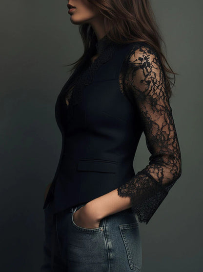 Daily Black V Neck Long Sleeve Pocket Vintage Contrast Lace Blazer