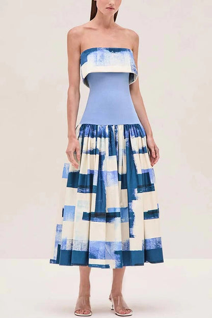 Robia Unique Print Ribbed Elastic Waist Pocketed Strapless Midi Dress