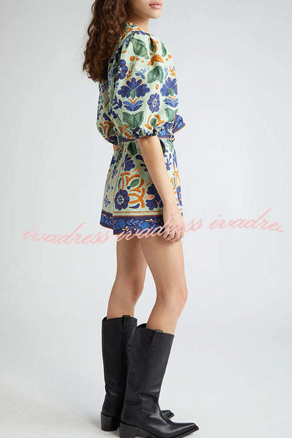 Elouise Linen Blend Unique Print Button Puff Sleeves Tie-up Pocketed Romper