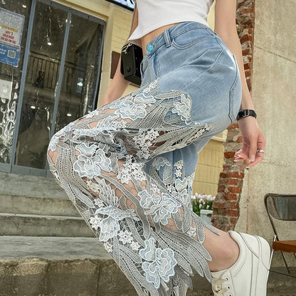 Casual Floral Lace Patchwork Hollow Out Straight Denim Jeans