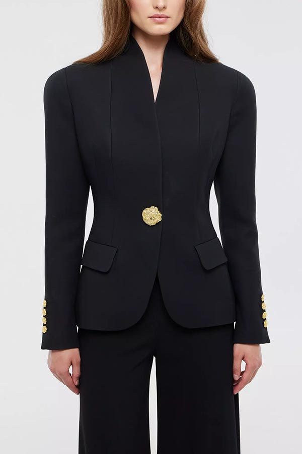 Classic Luxury Unique Metal Button Stand Collar Long Sleeve Blazer