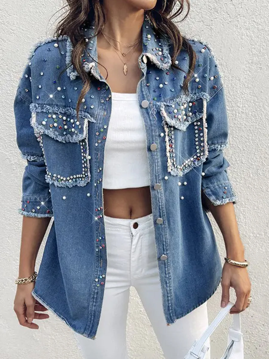 Casual Blue Denim Rhinestone Beaded Raw Edge Flap Pocket Long Sleeve Jacket