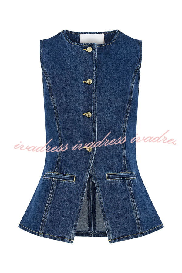 Abel Denim Button Up Princess Seams Pocket Vest Top