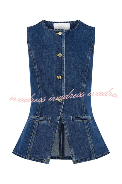 Abel Denim Button Up Princess Seams Pocket Vest Top