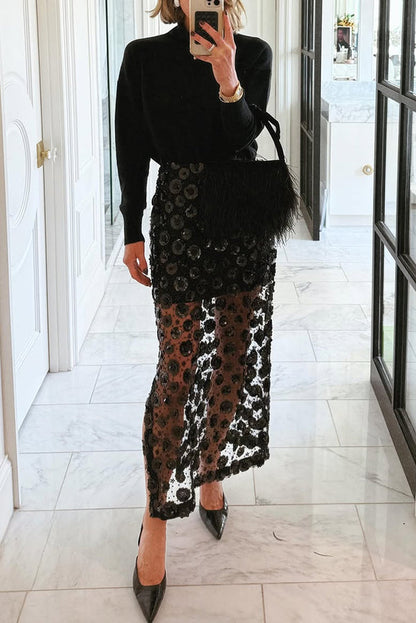 Gorgeous Flower Embellished Sequin Sheer High Rise Slit Midi Skirt