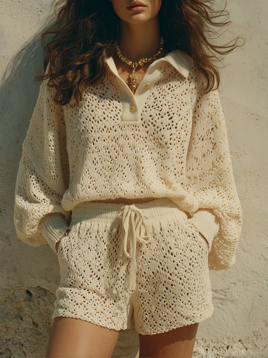 Retro Openwork Knit Top & Drawstring Shorts Set