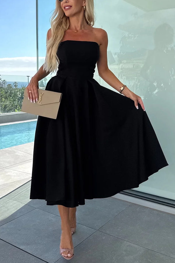 Sweet Cascade Solid Color Off Shoulder Pocket Full Hem Midi Dress