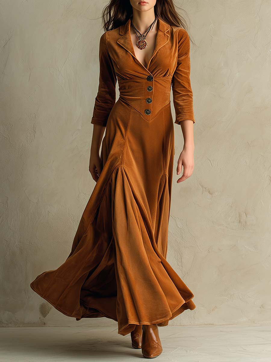 Daily Brown Turndown Collar Long Sleeve Button Casual Velvet Maxi Dresses