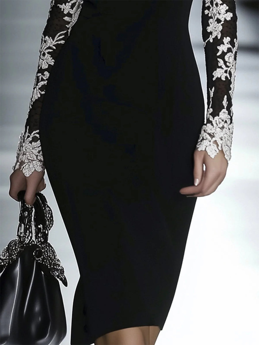 Cocktail Party Black Off The Shoulder Long Sleeve See Through Boho Contrast Lace Midi Dresses