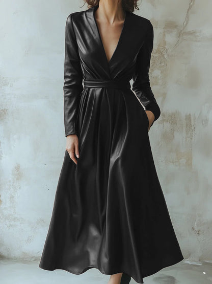 Daily Black V Neck Long Sleeve Lace Up Casual PU Leather Maxi Dresses