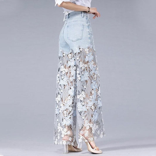 Casual Floral Lace Patchwork Hollow Out Straight Denim Jeans