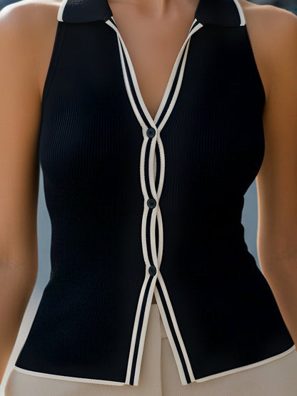 Contrast-Trim Sleeveless Knit Vest With Button Detail