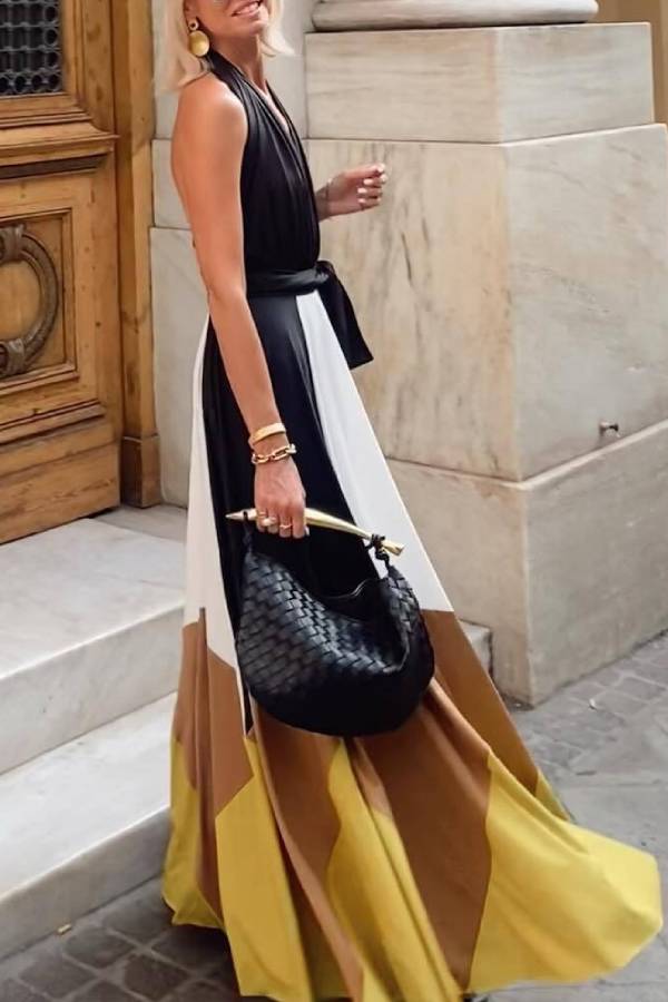 Colorblock Lace-up Backless Sexy Long Swing Dress