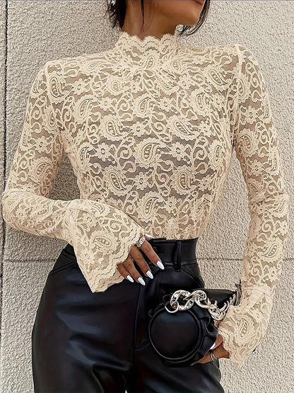Vintage Paisley Lace See-Through Mock Neck Flare Sleeve Top