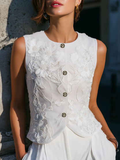 Elegant Sleeveless Floral Embroidered Vest Top