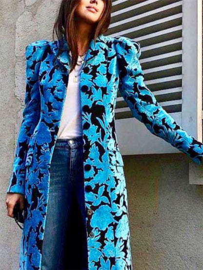 Fashionable Vintage Floral Pattern Lapel Collar Velvet Blazer Long Coat