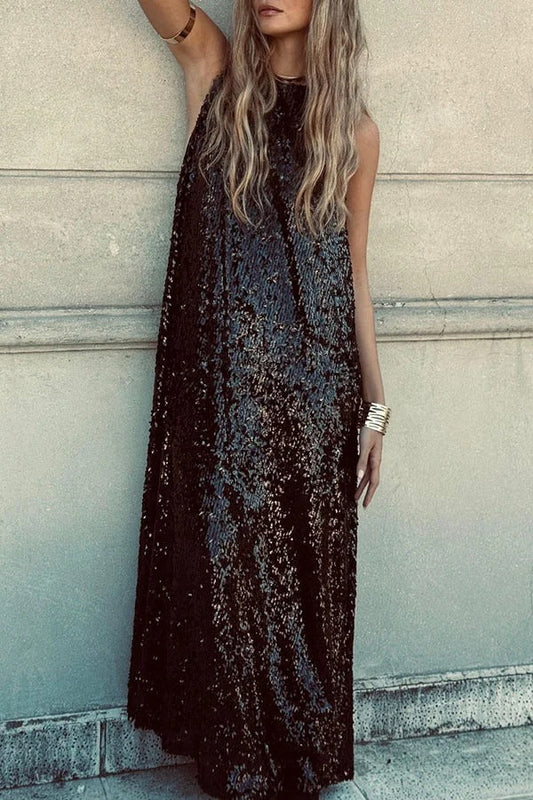 Twas The Night Sequin Round Neck Sleeveless Drape Loose Maxi Dress