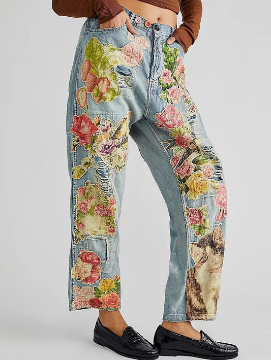 Elegant Floral Cat Ripped Denim Straight Leg Jeans