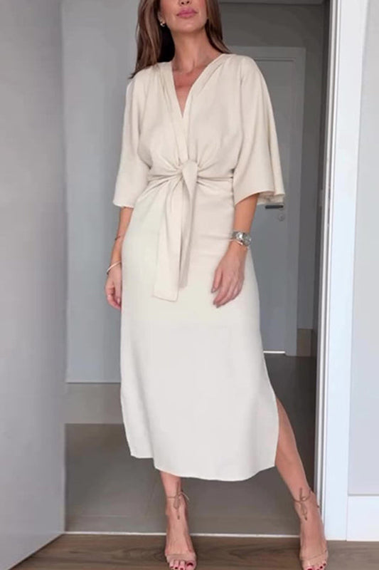Vestido midi informal de color liso con escote en V, media manga y lazo en la cintura 
