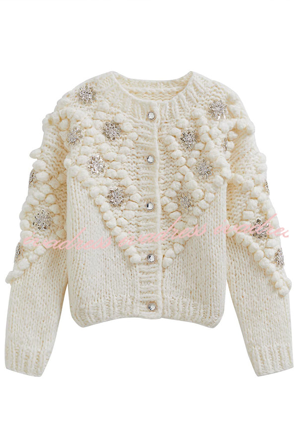 Cárdigan de punto con lentejuelas y pompones de flores 