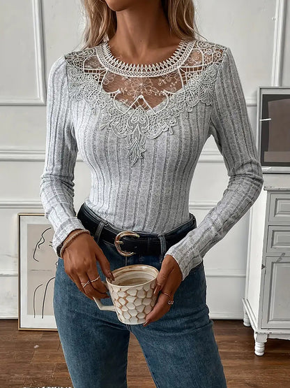 Valentines Grey Round Neck Long Sleeve Cut Out Casual Contrast Lace Blouses
