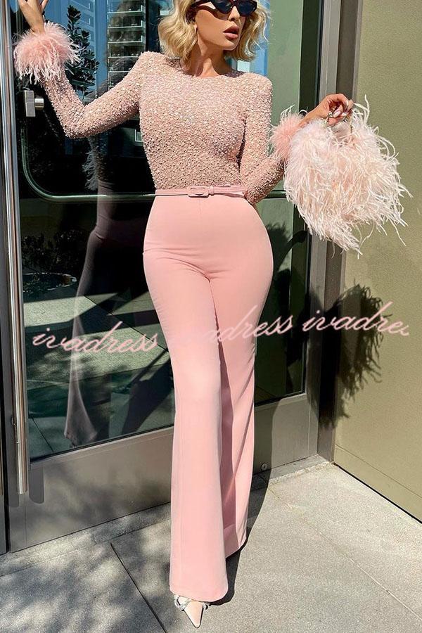 Ready for Vegas Feather Detail Trim Sequin Jumpsuit