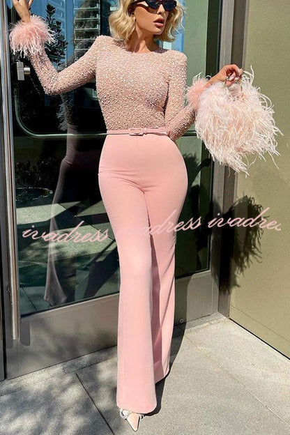 Ready for Vegas Feather Detail Trim Sequin Jumpsuit