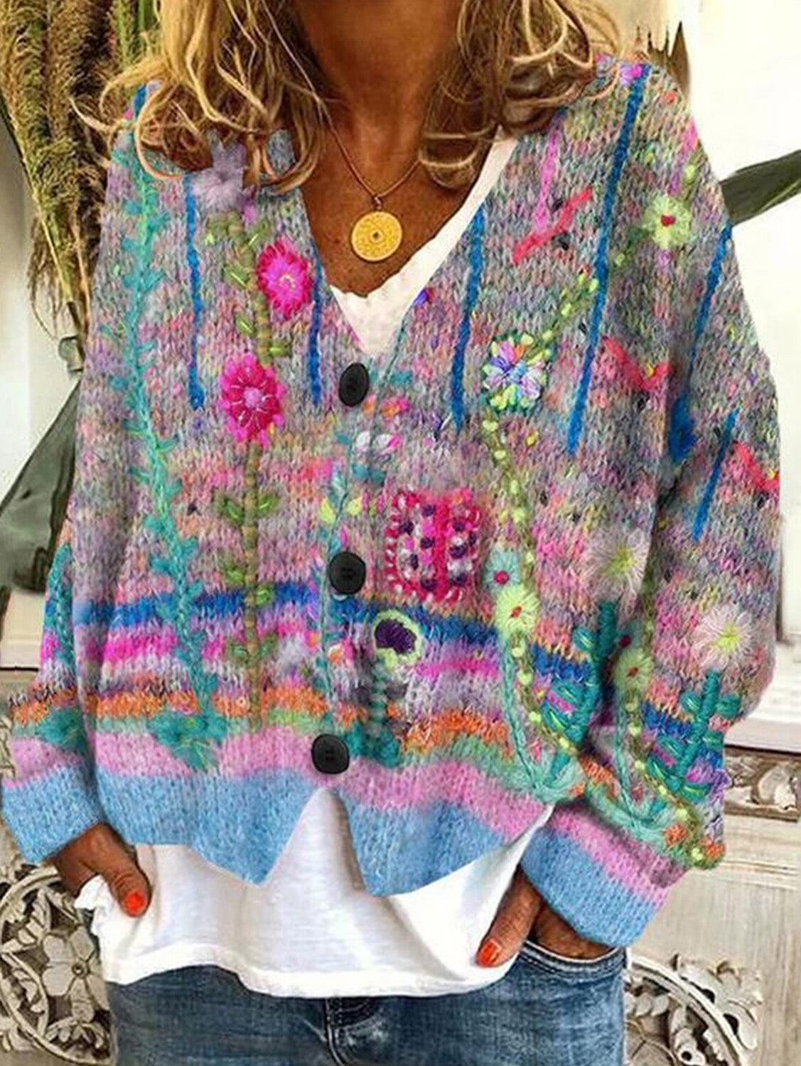 Casual Floral Pattern Three Button Knit Sweater Cardigan