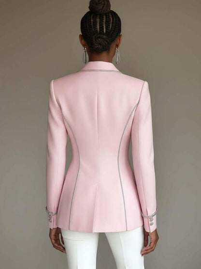 24-Hour-Shipping Pink Blazer With Silver Trim And Double-breasted Buttons