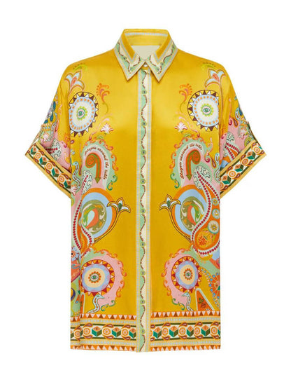 Sophisticated Satin Unique Cashew Flower Print Button Oversized Two-Pieces Set