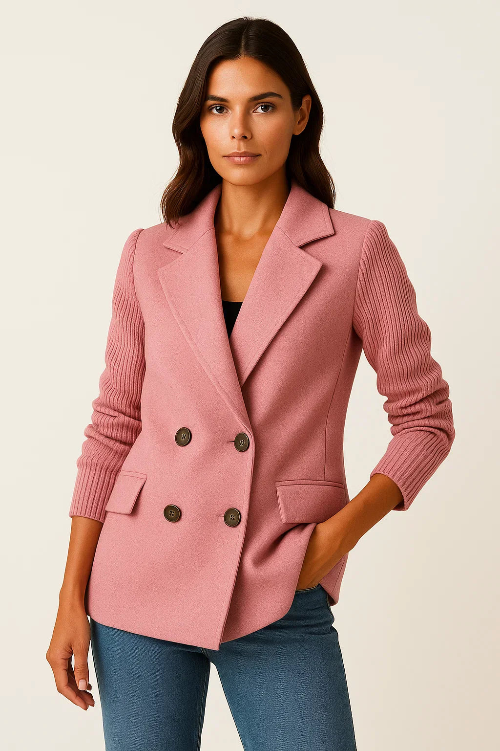 Atelier Knit-Sleeve Blazer | Double-Breasted Wool Blend