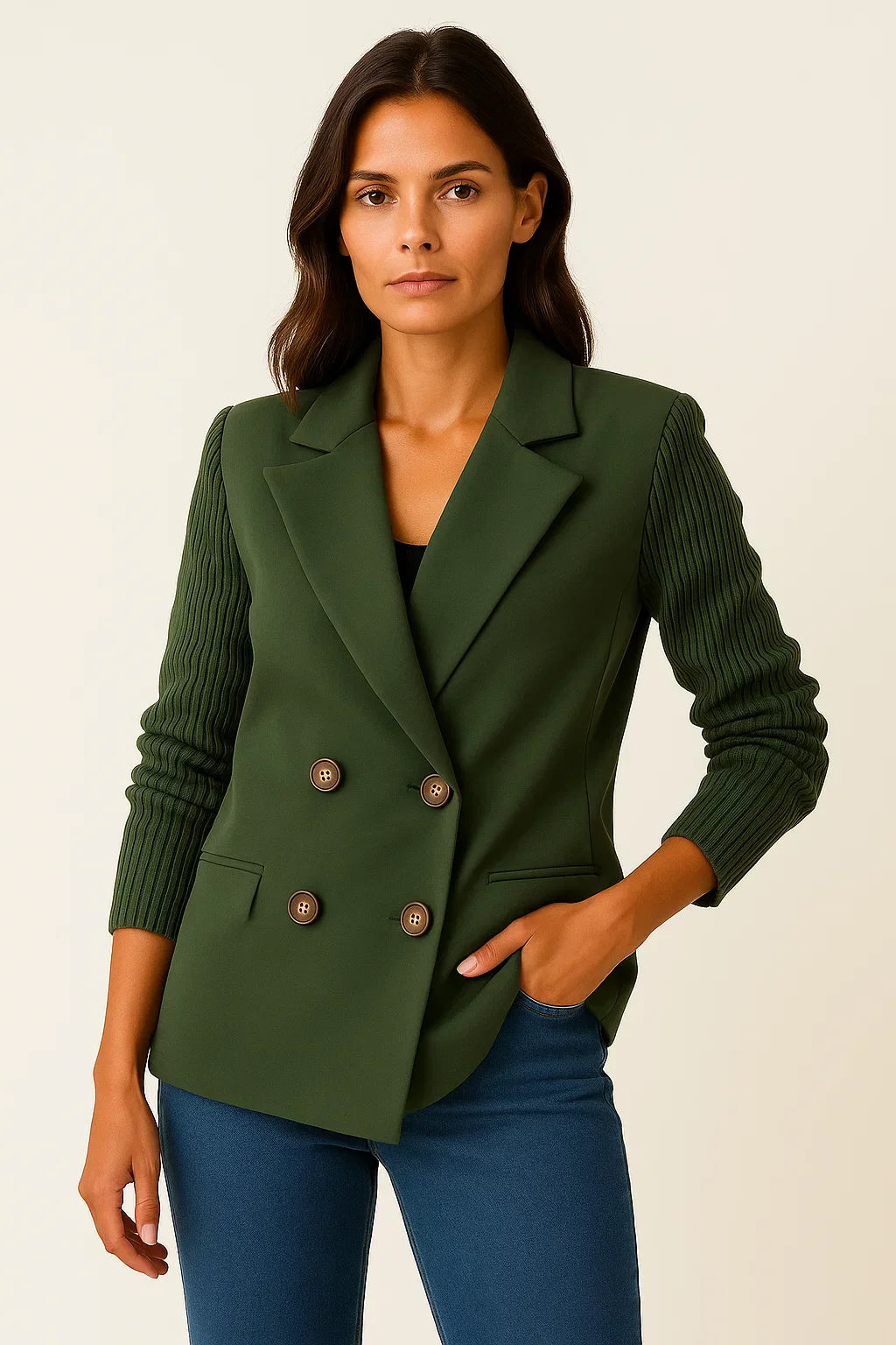 Atelier Knit-Sleeve Blazer | Double-Breasted Wool Blend