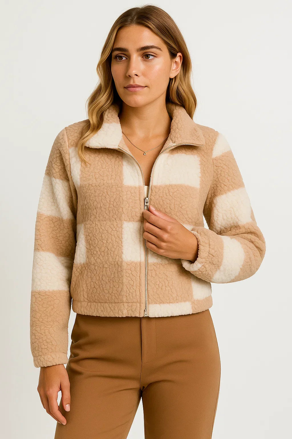 Checked Teddy Jacket | Zip Front | Soft Fleece Finish