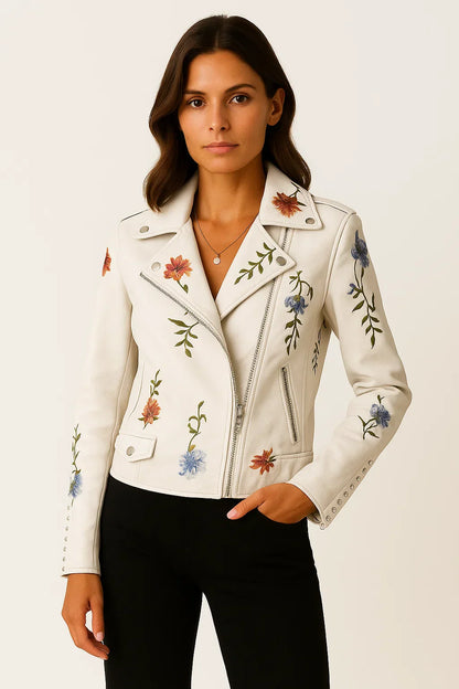 Embroidered Faux Leather Biker Jacket | Zip Closure | Tailored Fit