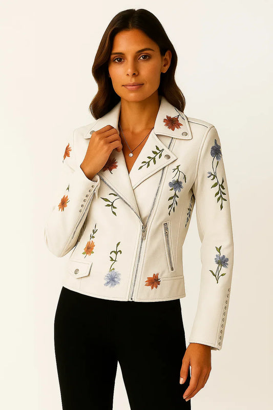 Embroidered Faux Leather Biker Jacket | Zip Closure | Tailored Fit