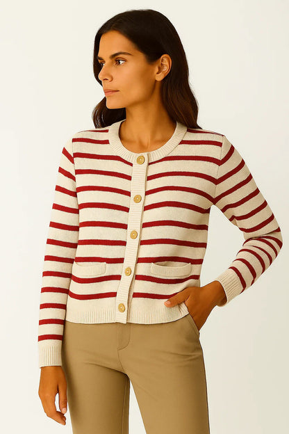 Striped Button Cardigan | Soft Knit | Gold Accent Detailing