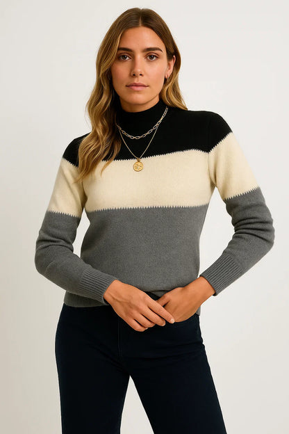 Wool-Blend Striped Sweater | Mock Neck | Relaxed Fit