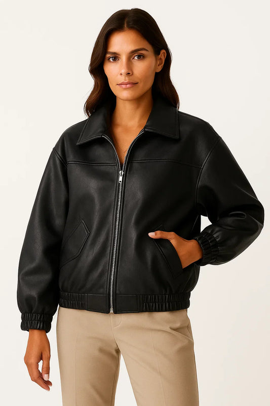 Faux Leather Zip Jacket | Relaxed Fit Short Coat