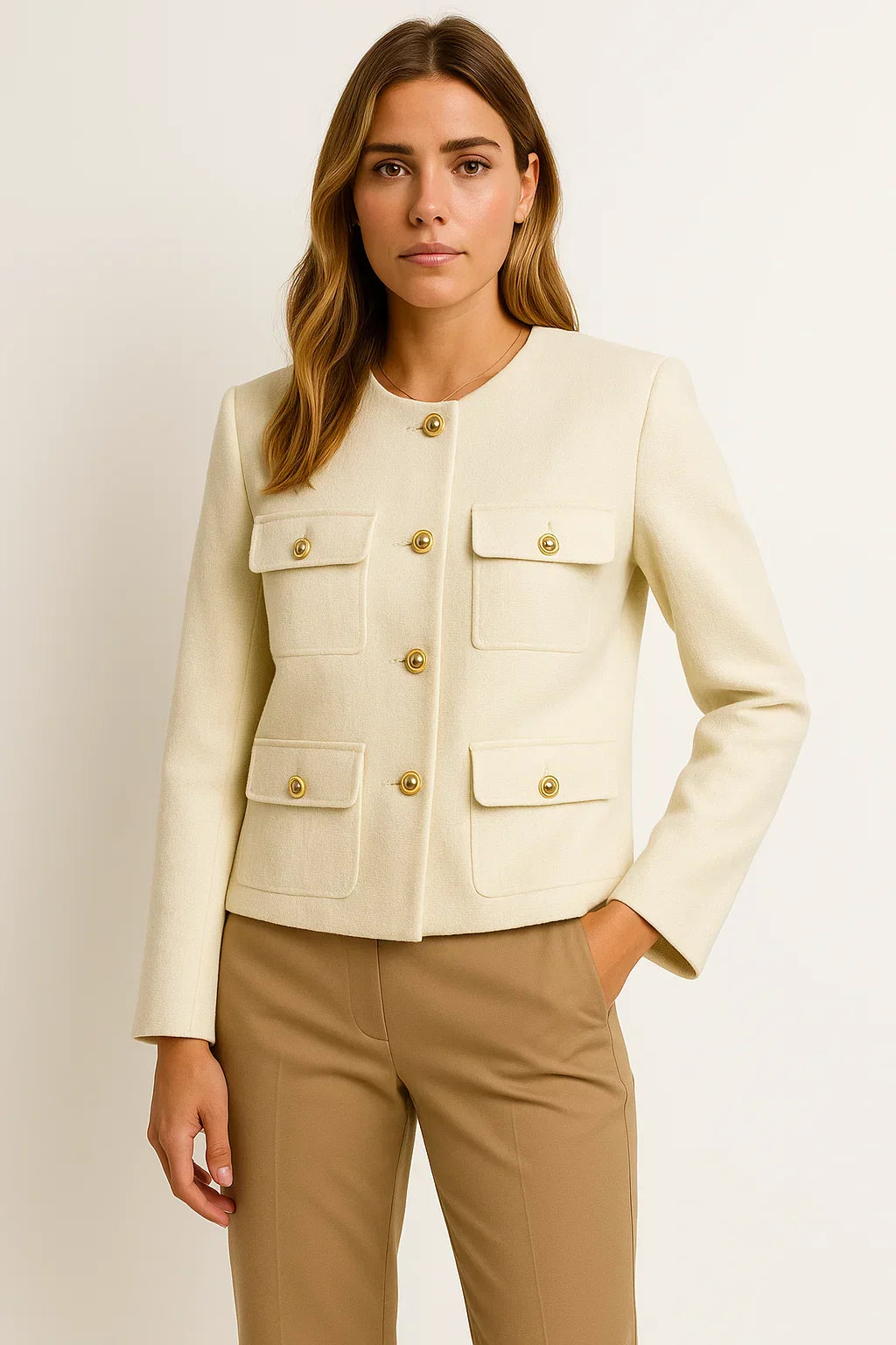 Women’s Cropped Jacket | Gold Button Detail | Structured Polyester Blend