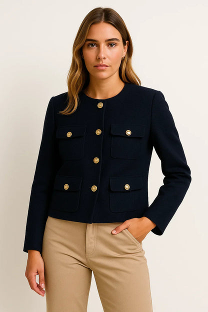 Women’s Cropped Jacket | Gold Button Detail | Structured Polyester Blend