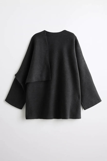 Asymmetric Draped Wool Coat | Scarf Collar Design