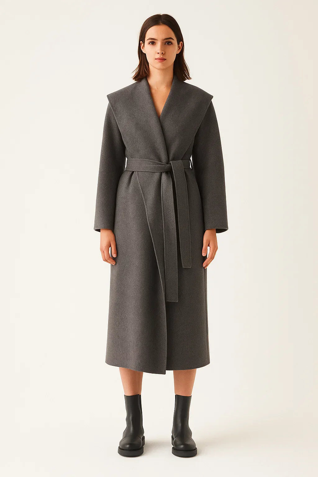 Wool Blend Long Coat | Shawl Collar | Belted Wrap